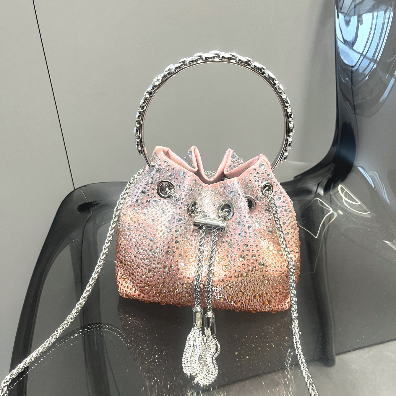 Drawstring Rhinestone Bag Shoulder Crossbody Handbag