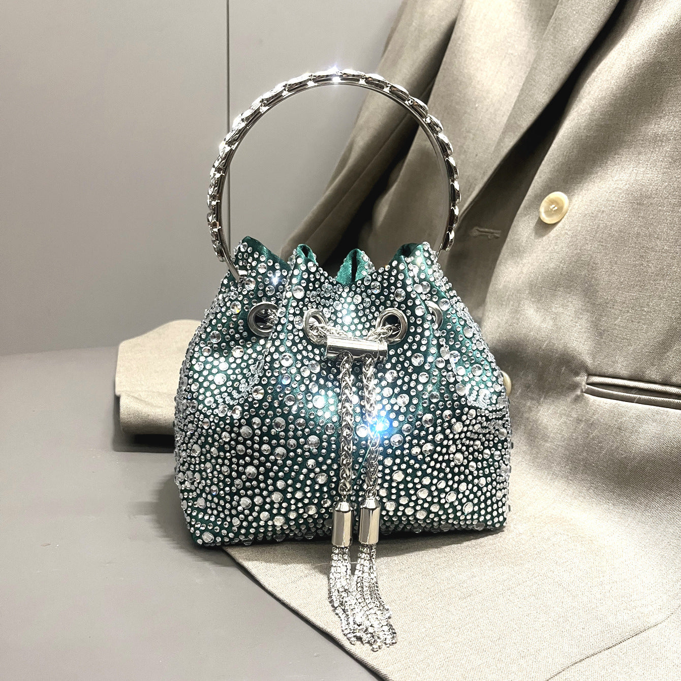 Drawstring Rhinestone Bag Shoulder Crossbody Handbag
