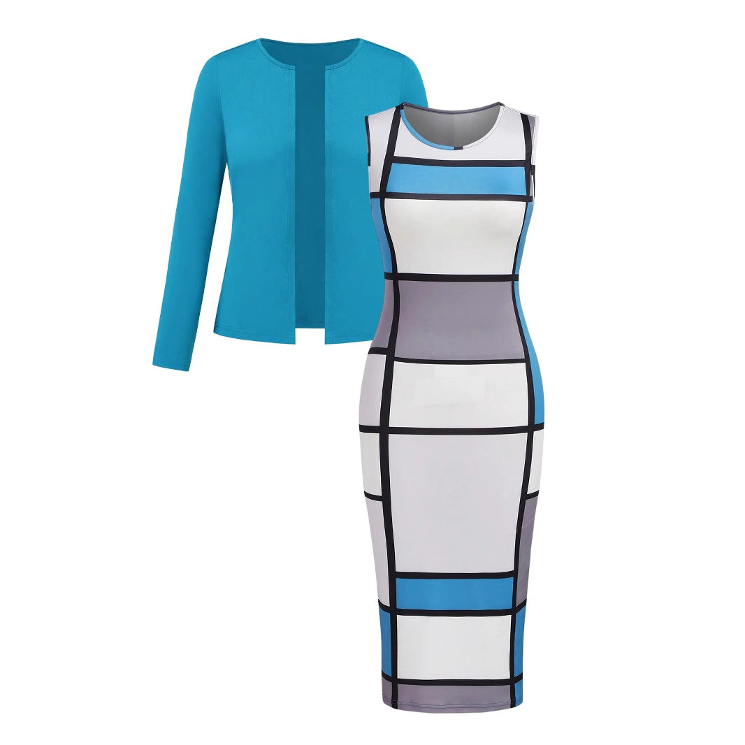 Round Neck Dress with Long Sleeve Jacket