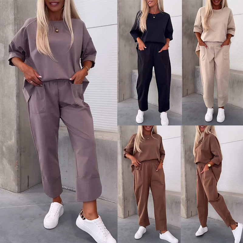Two-piece  Round Neck Cropped Pants Set (tm 5XL)!
