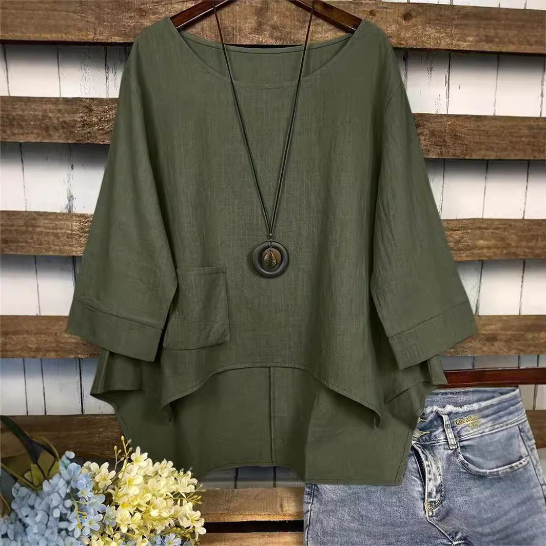 Round Neck Pocket Irregular Blouse