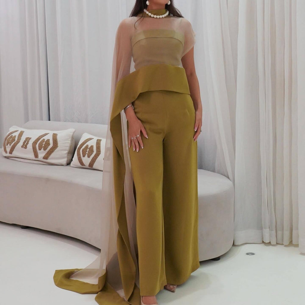 Mesh Cape Dress and Jumpsuit Two-Piece Set