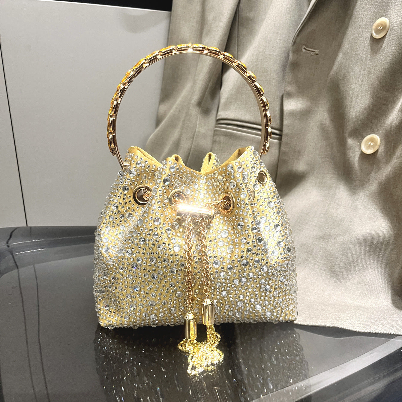 Drawstring Rhinestone Bag Shoulder Crossbody Handbag