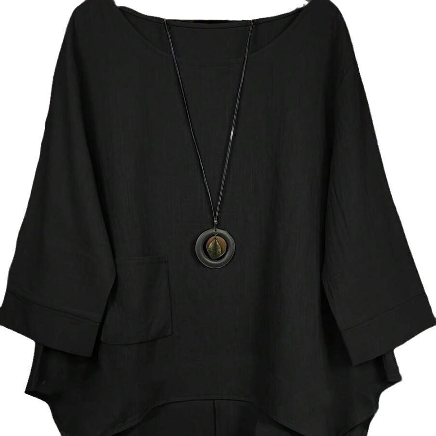 Round Neck Pocket Irregular Blouse