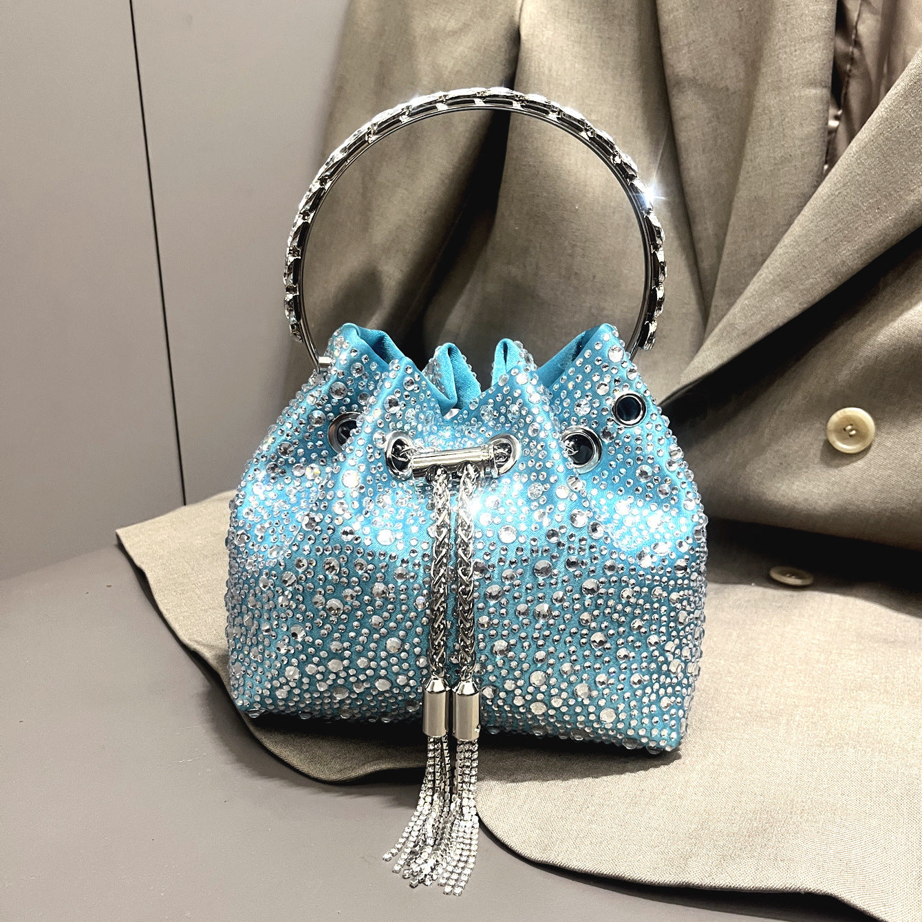 Drawstring Rhinestone Bag Shoulder Crossbody Handbag