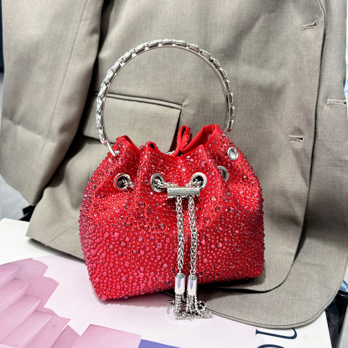 Drawstring Rhinestone Bag Shoulder Crossbody Handbag