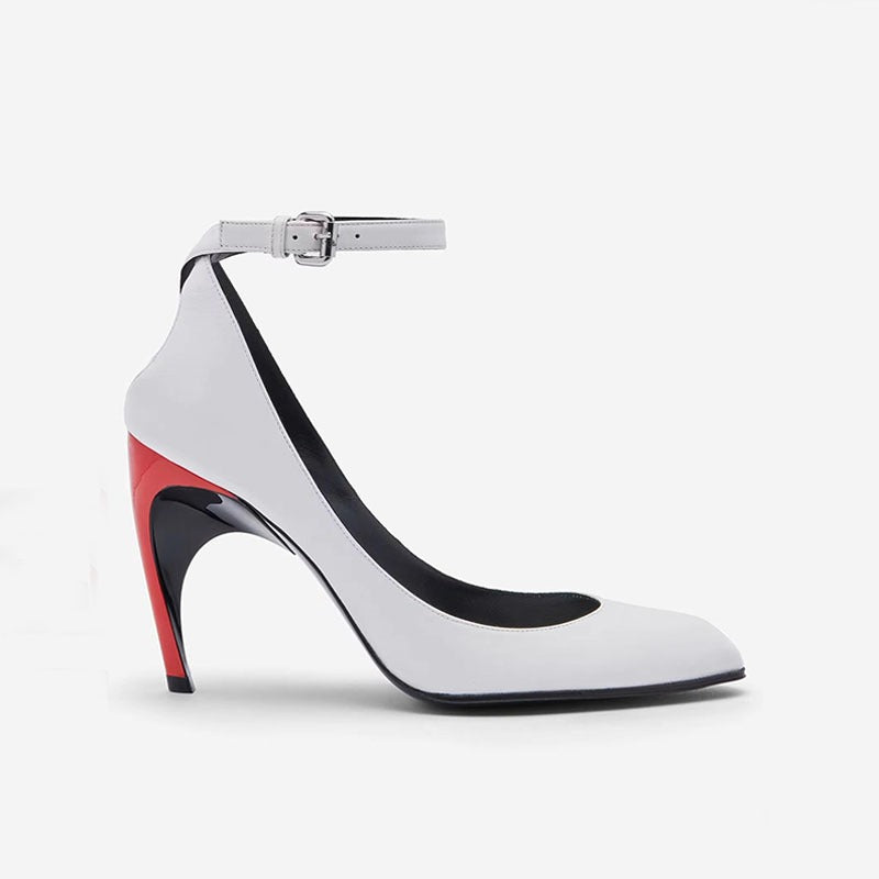 White leather high heel belt buckle pump