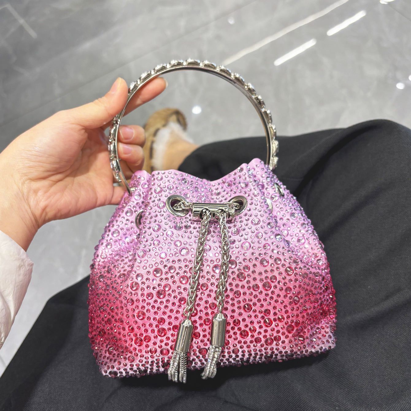 Drawstring Rhinestone Bag Shoulder Crossbody Handbag
