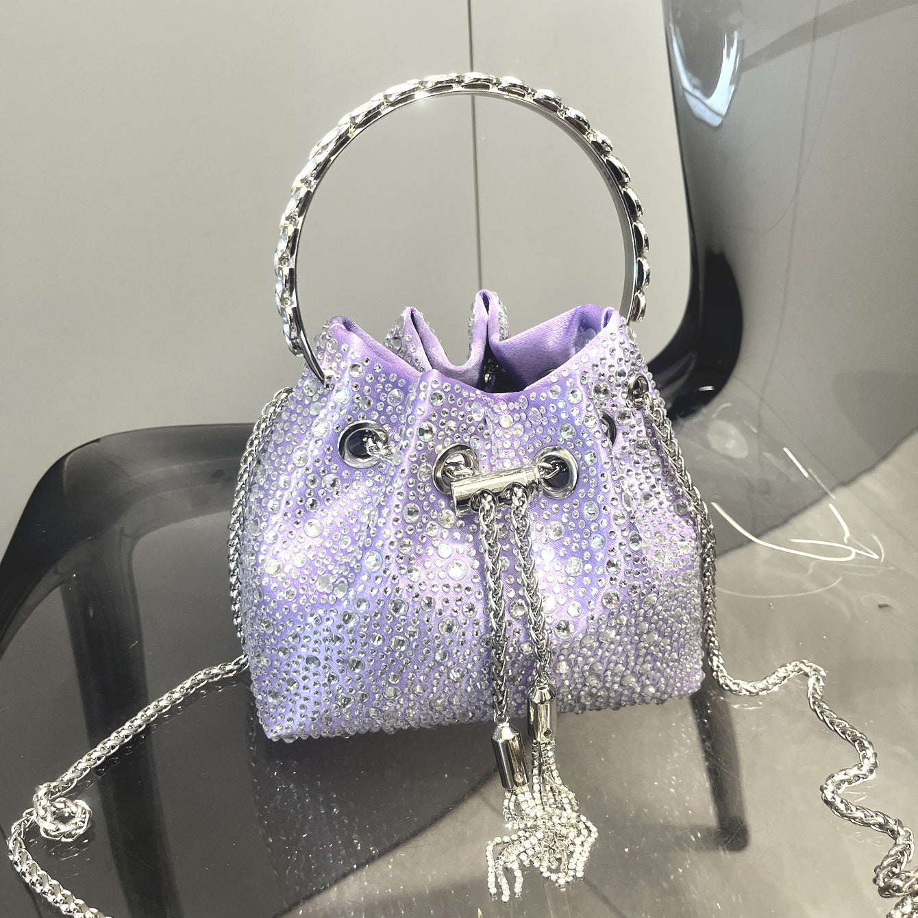 Drawstring Rhinestone Bag Shoulder Crossbody Handbag