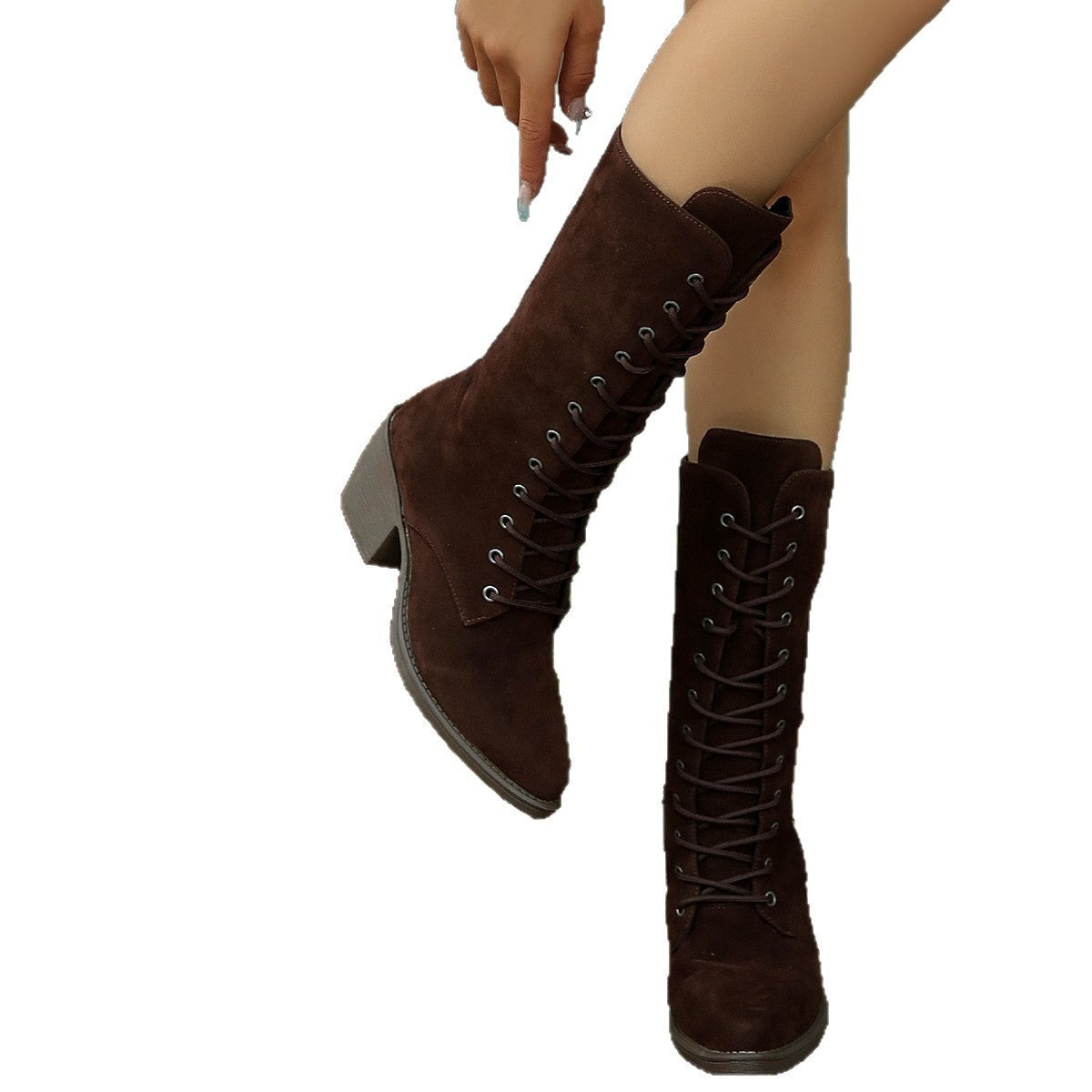 Suede Lace-up Chunky Heel Boots