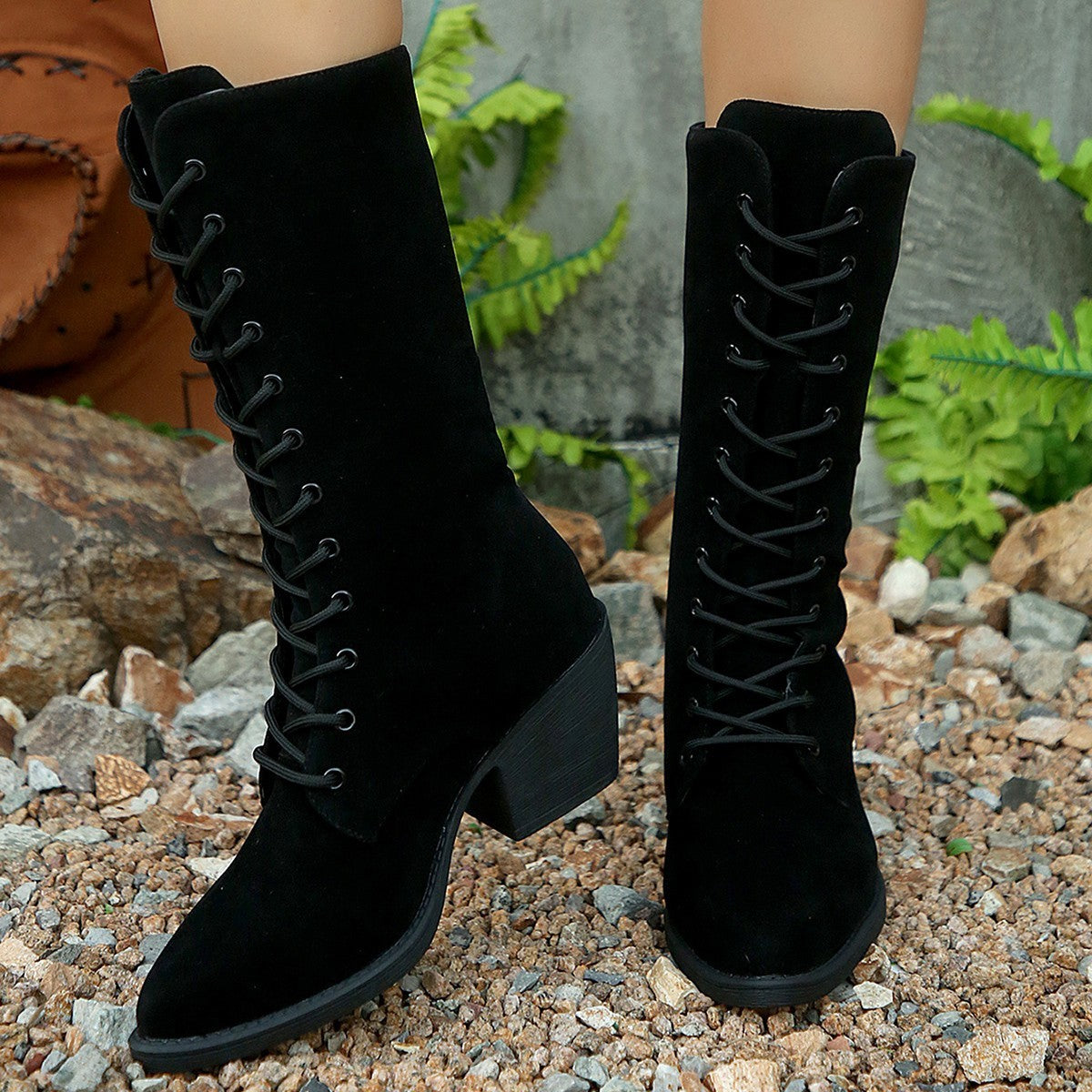 Suede Lace-up Chunky Heel Boots