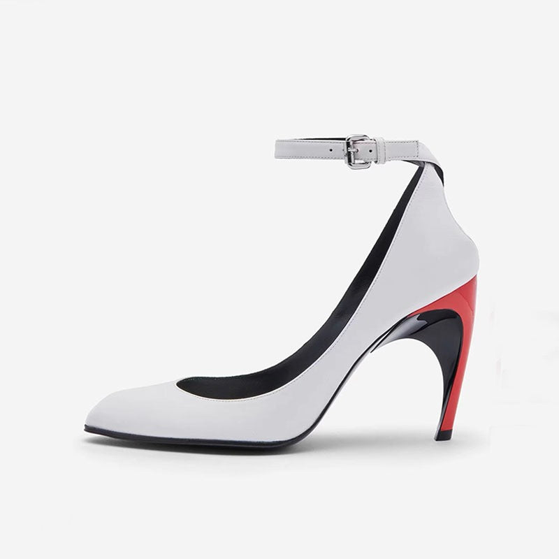 White leather high heel belt buckle pump