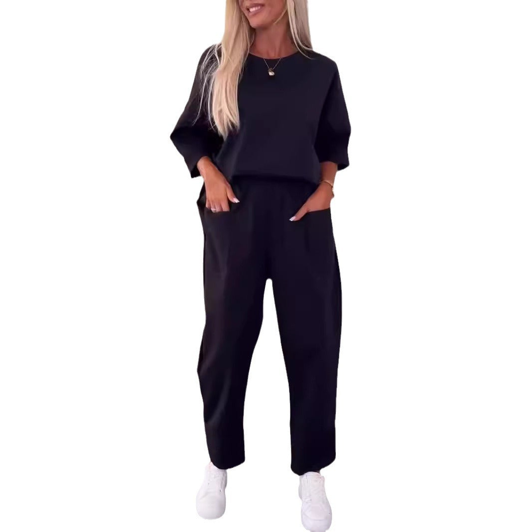 Two-piece  Round Neck Cropped Pants Set (tm 5XL)!