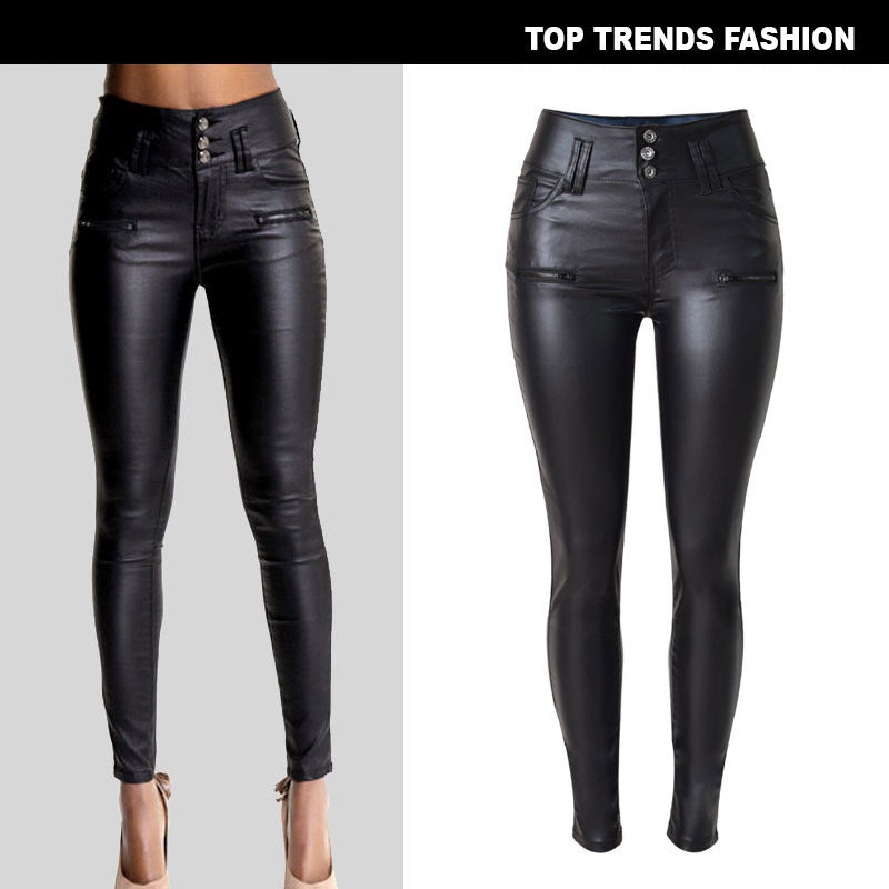 High Waist  Slim-fit Leather Skinny Pants