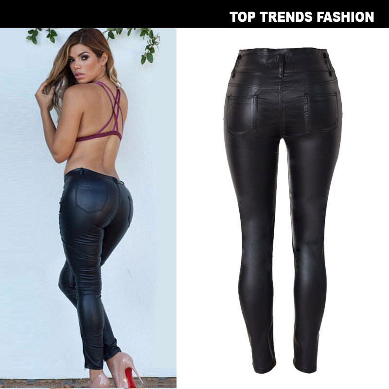 High Waist  Slim-fit Leather Skinny Pants