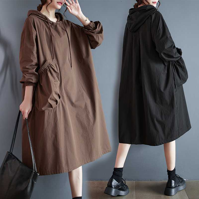 Hooded Pullover (onesize) Loose Pockets L Swing Dress