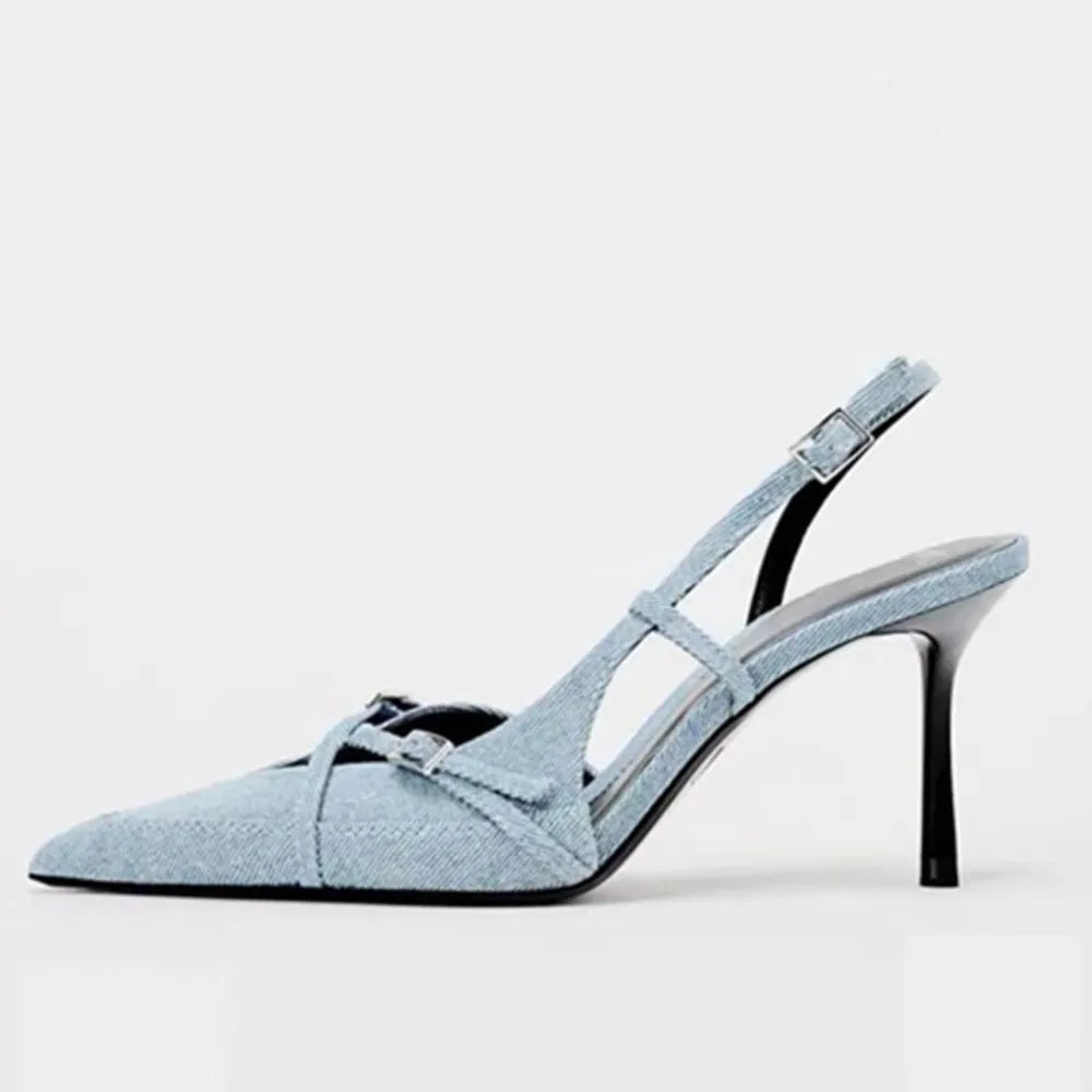 Denim strap high-heeled  sandals
