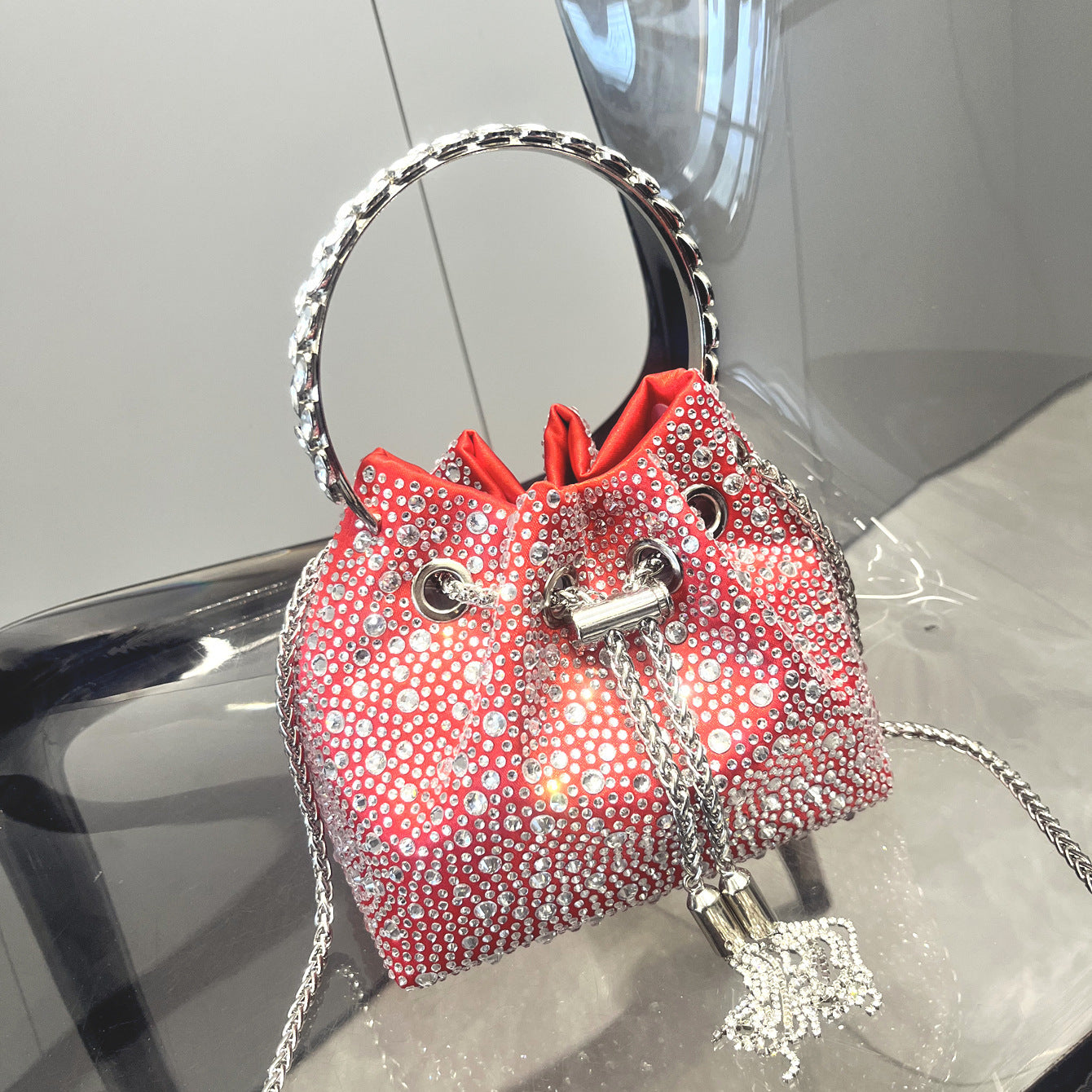 Drawstring Rhinestone Bag Shoulder Crossbody Handbag