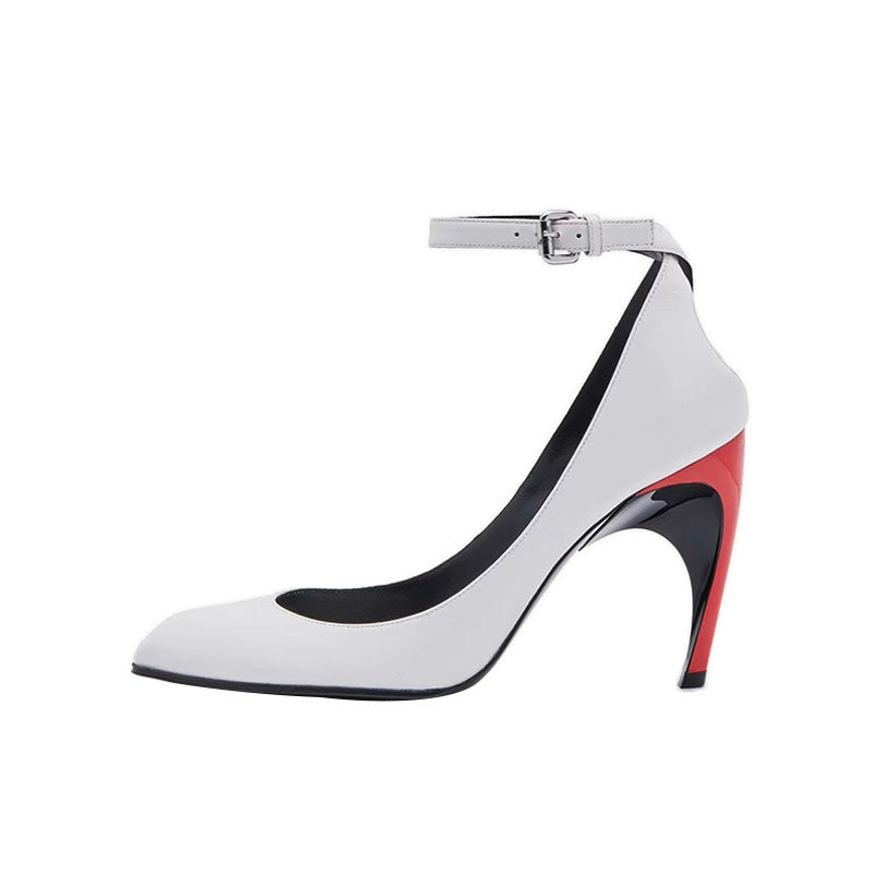 White leather high heel belt buckle pump