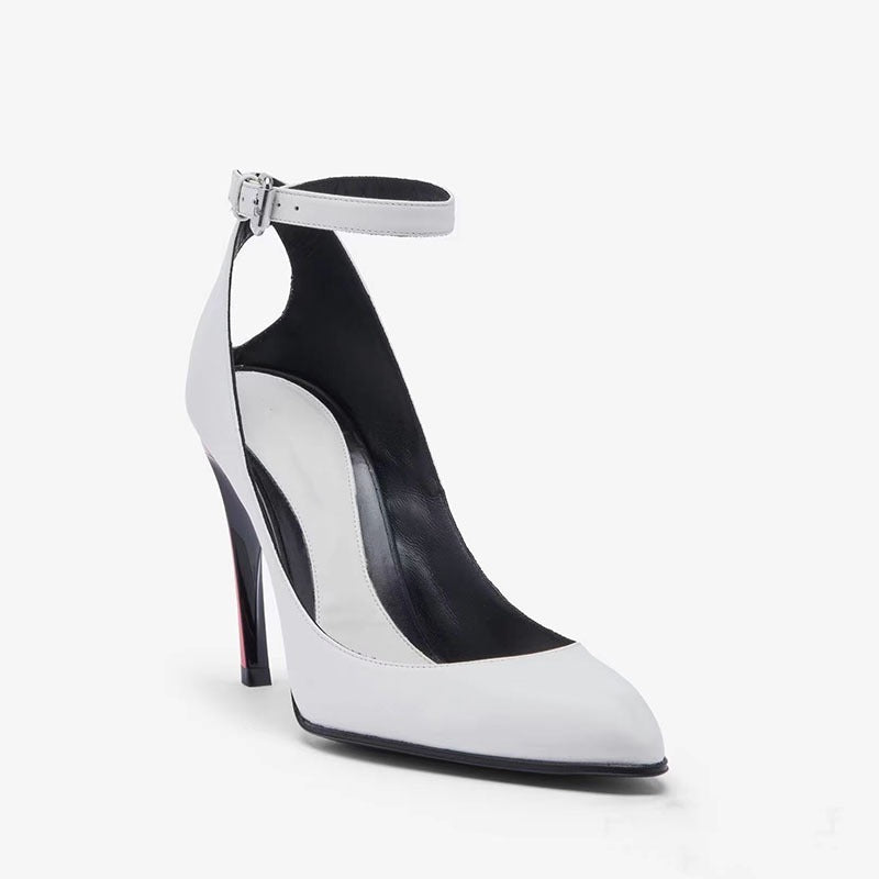 White leather high heel belt buckle pump