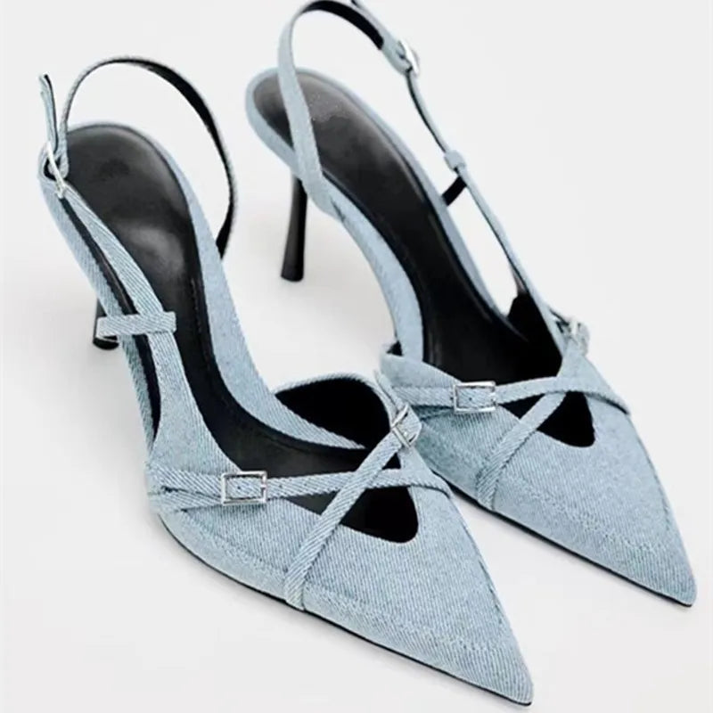Denim strap high-heeled  sandals