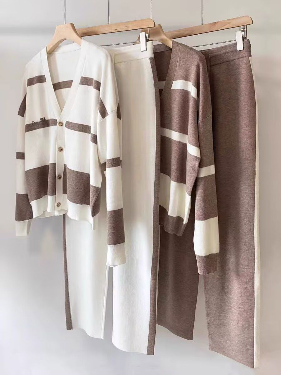 Striped Knitted Cardigan Two-piece Suit