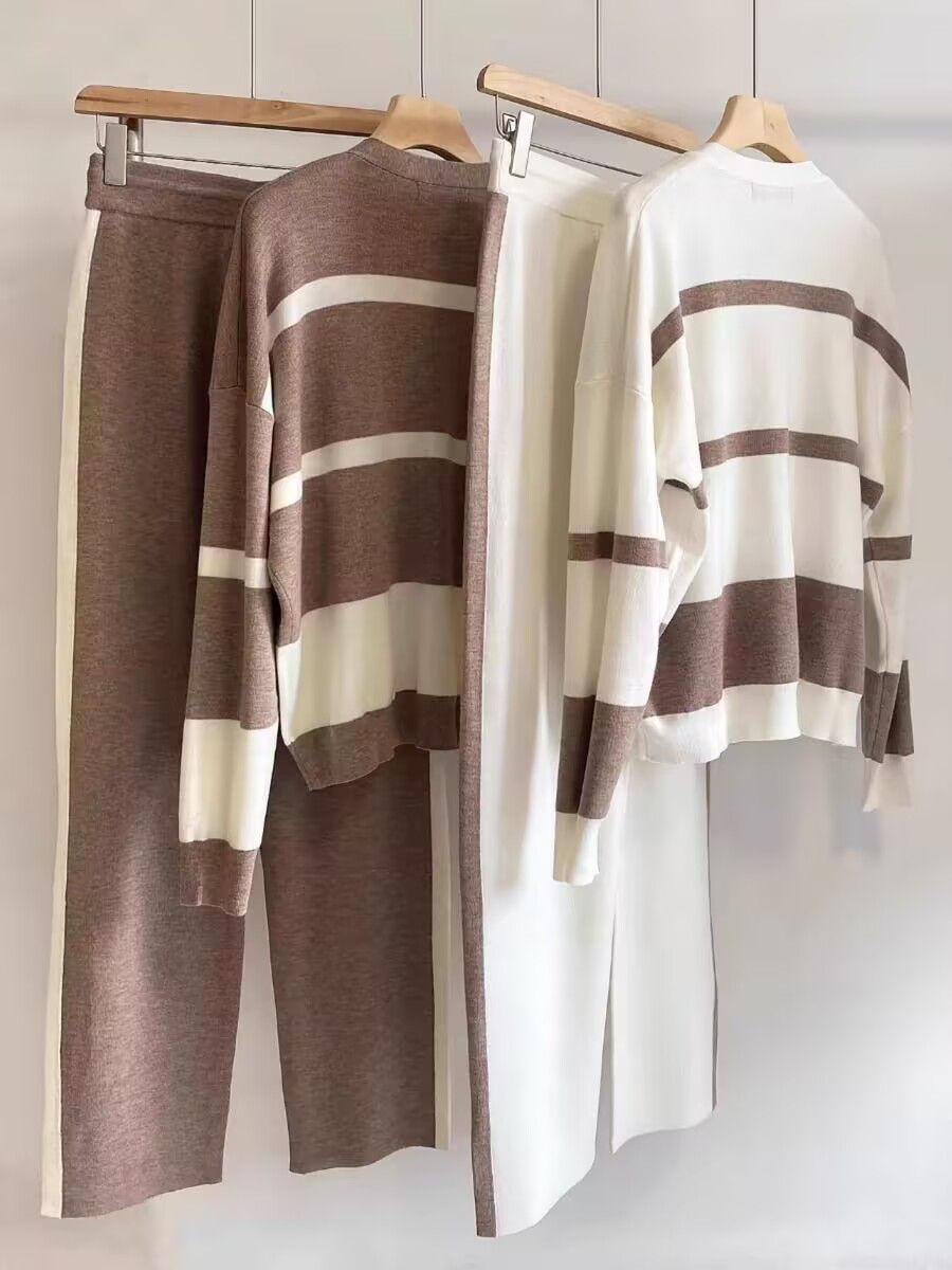 Striped Knitted Cardigan Two-piece Suit