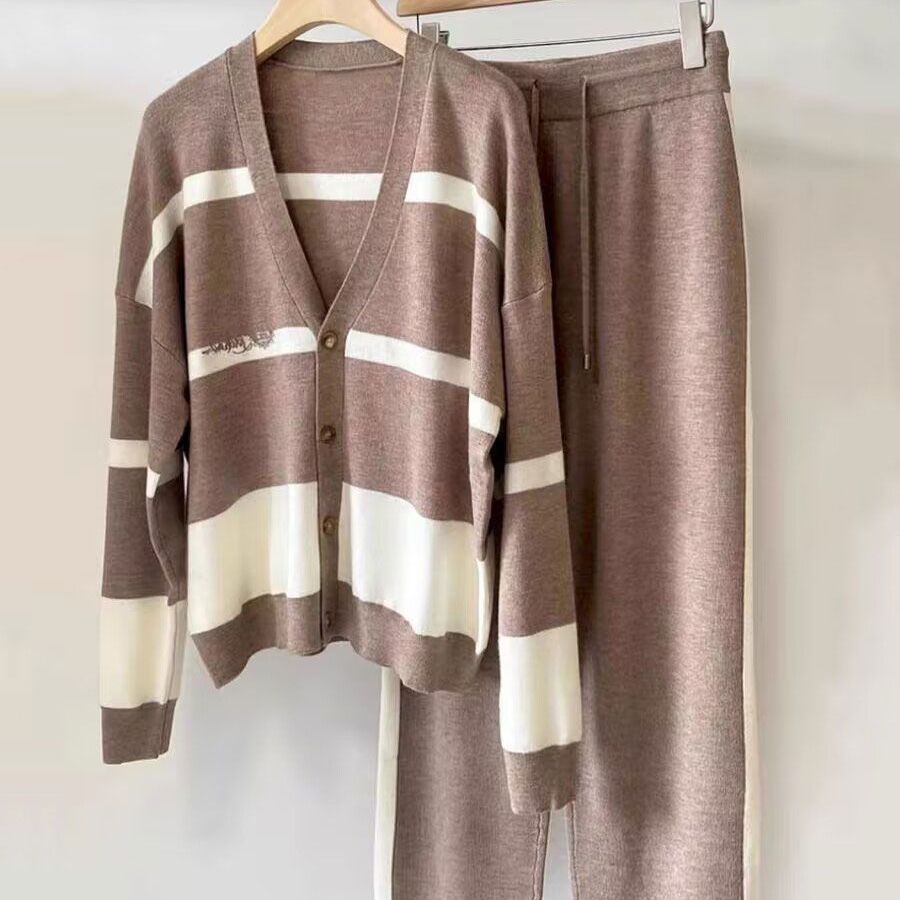 Striped Knitted Cardigan Two-piece Suit