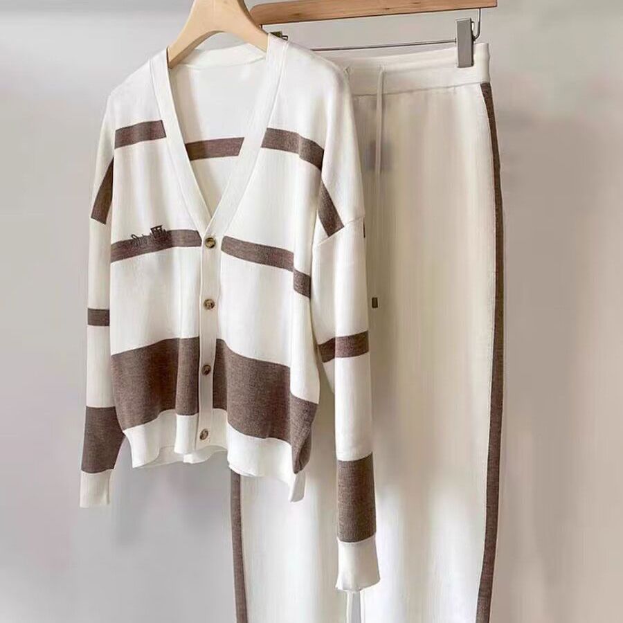 Striped Knitted Cardigan Two-piece Suit