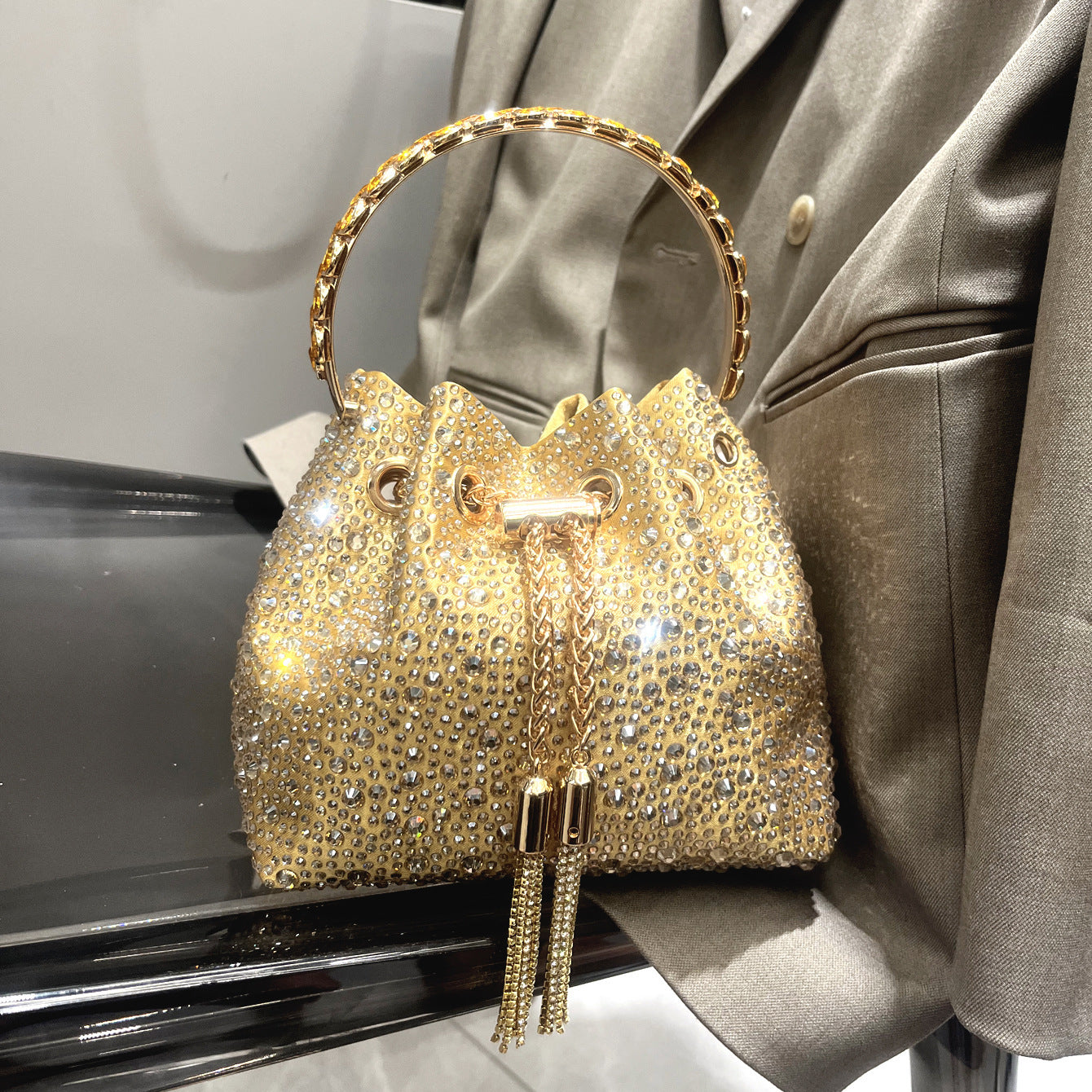 Drawstring Rhinestone Bag Shoulder Crossbody Handbag