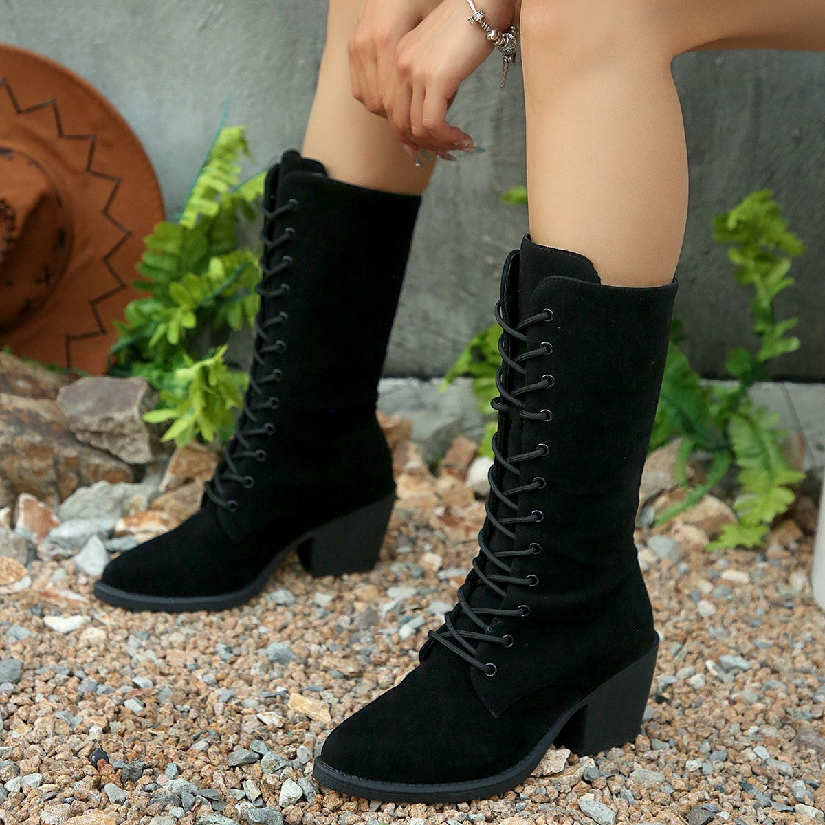 Suede Lace-up Chunky Heel Boots