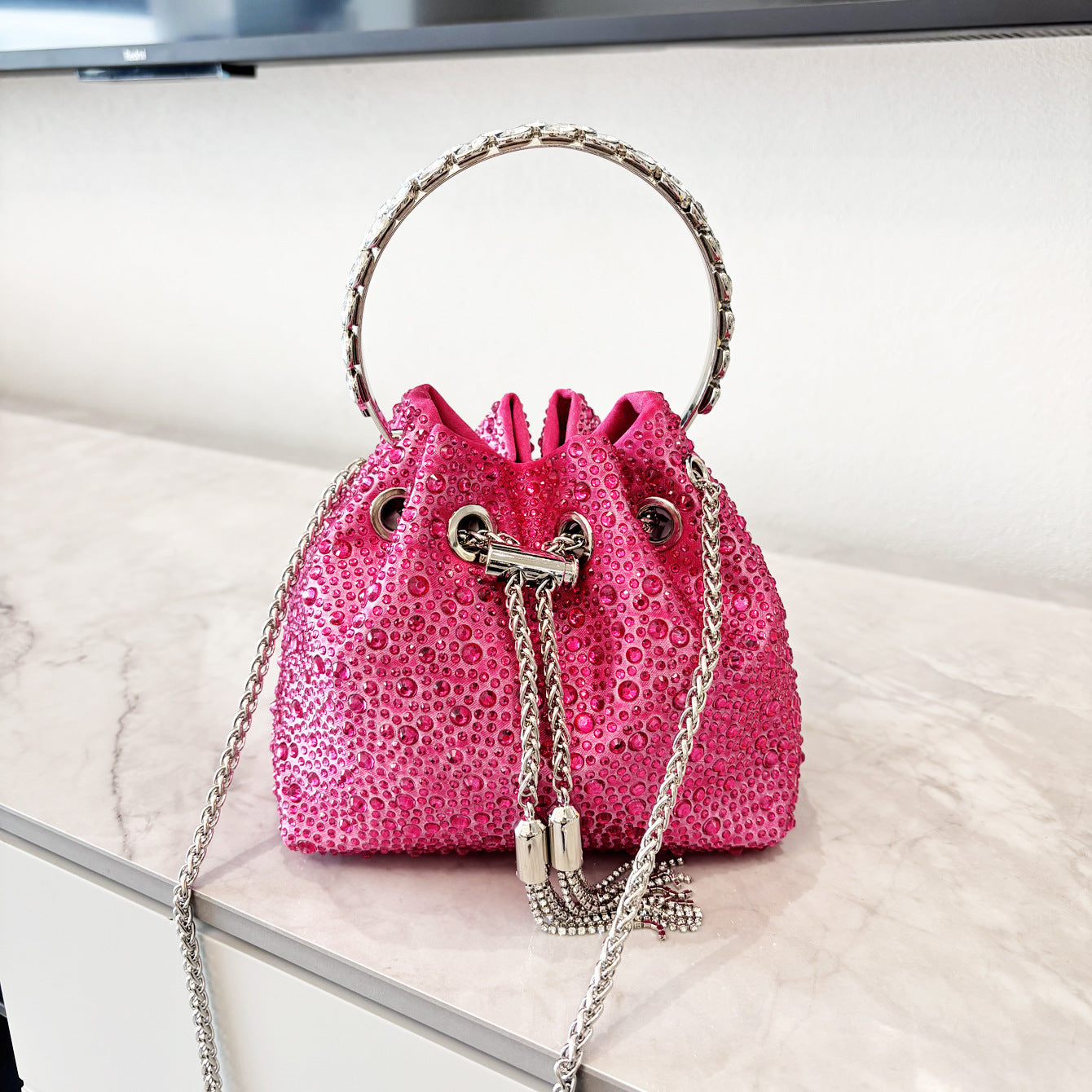 Drawstring Rhinestone Bag Shoulder Crossbody Handbag