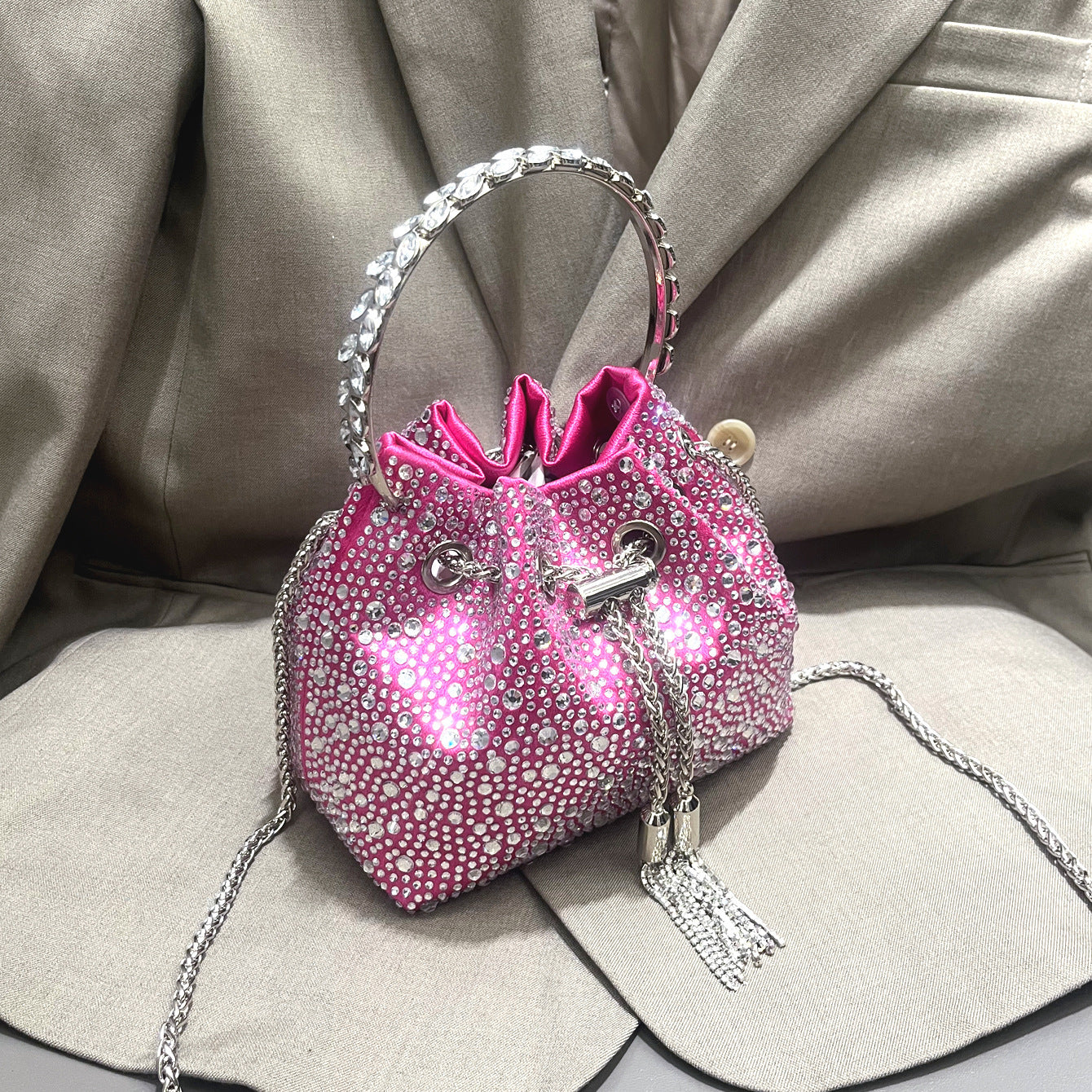 Drawstring Rhinestone Bag Shoulder Crossbody Handbag