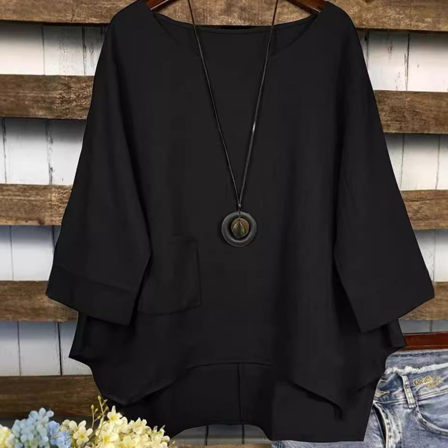 Round Neck Pocket Irregular Blouse
