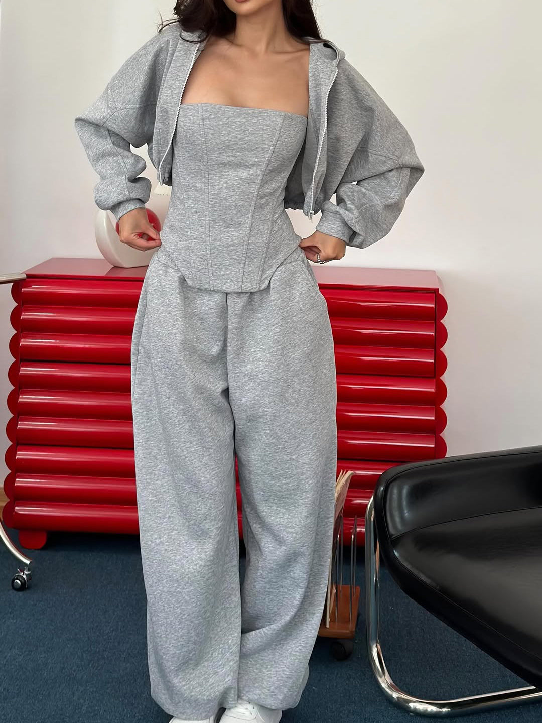 Three-Piece Set With Hooded Jacket, Corset Top And Wide-Leg Pants