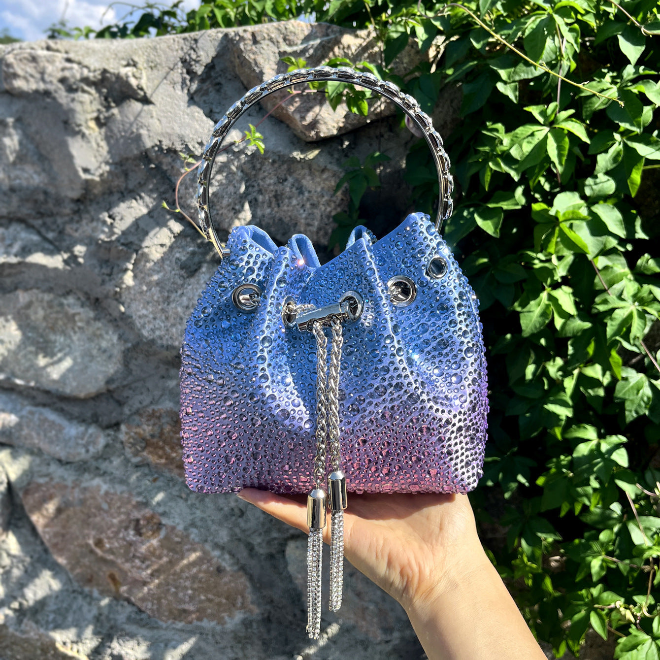 Drawstring Rhinestone Bag Shoulder Crossbody Handbag