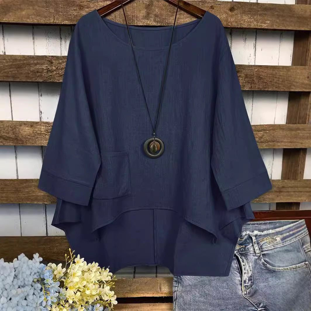 Round Neck Pocket Irregular Blouse