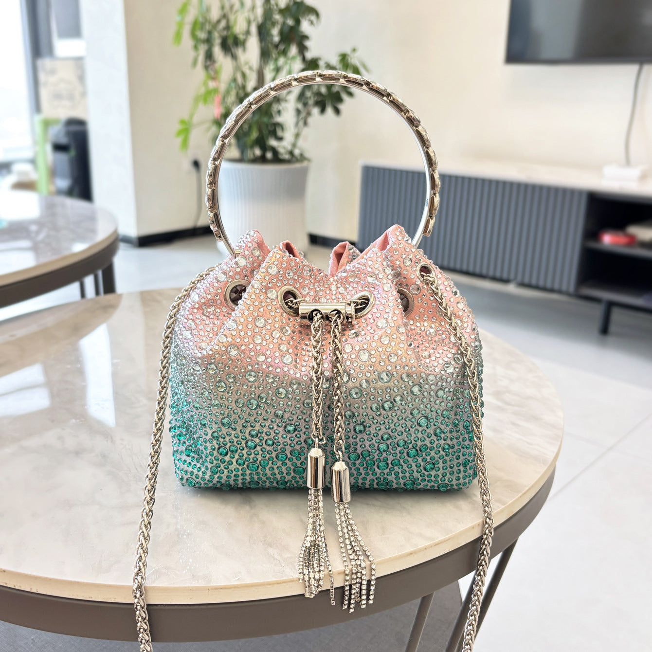 Drawstring Rhinestone Bag Shoulder Crossbody Handbag