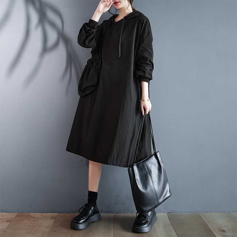 Hooded Pullover (onesize) Loose Pockets L Swing Dress