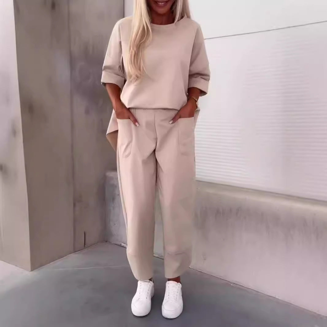 Two-piece  Round Neck Cropped Pants Set (tm 5XL)!