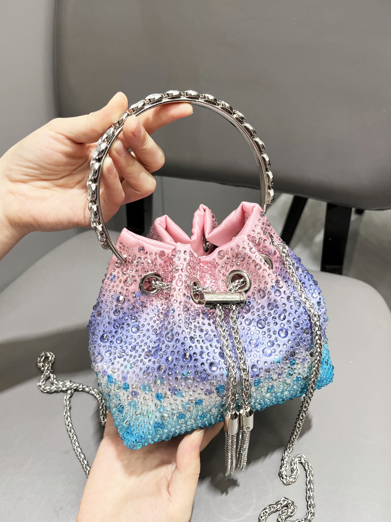 Drawstring Rhinestone Bag Shoulder Crossbody Handbag