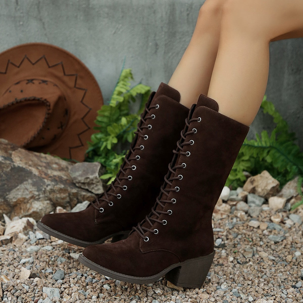 Suede Lace-up Chunky Heel Boots